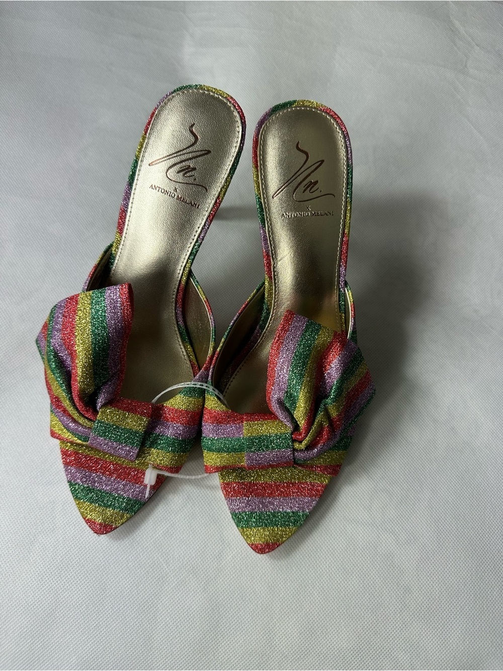 ANTONIO MELANI Rainbow Striped Bow Pointed Heels- Multicolor Glitter - Picture 10 of 14